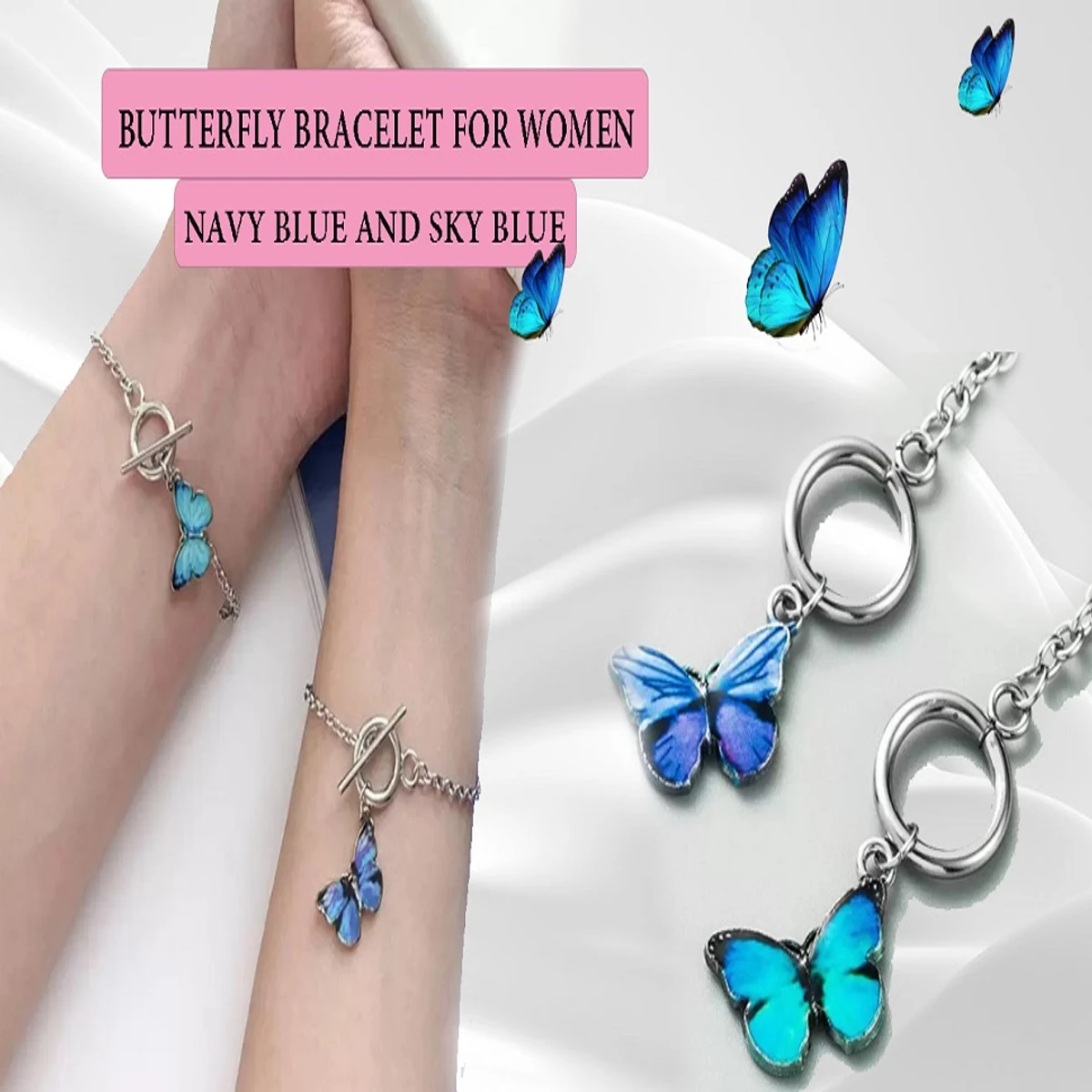 Blue Color Butterfly Titanium Steel Chain Bracelet for Women