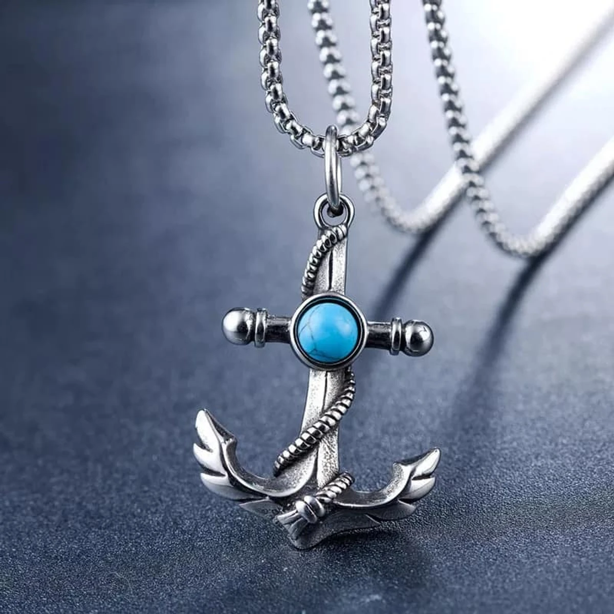 Men's Vintage Turquoise Anchor Biker Necklace Stainless Steel