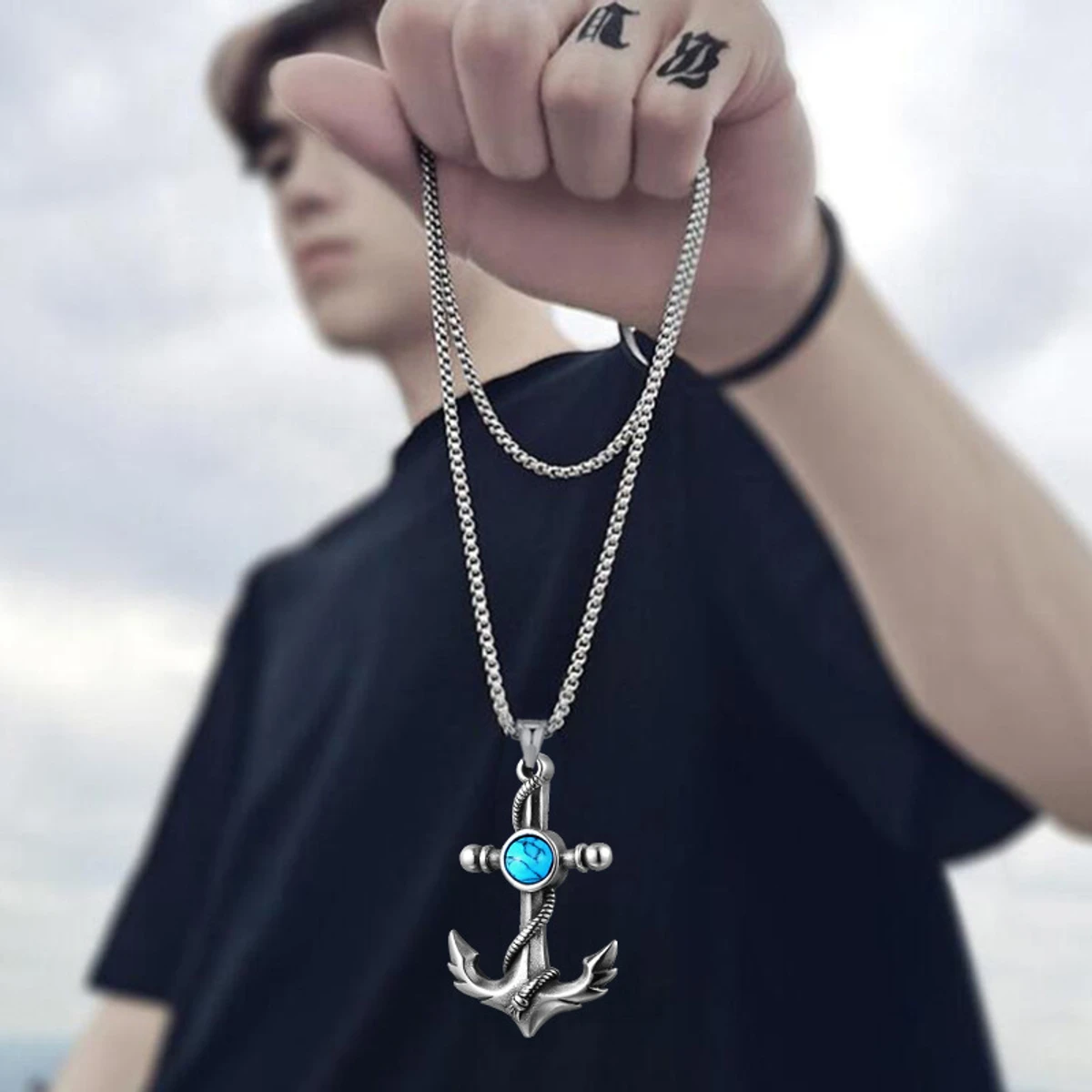 Men's Vintage Turquoise Anchor Biker Necklace Stainless Steel