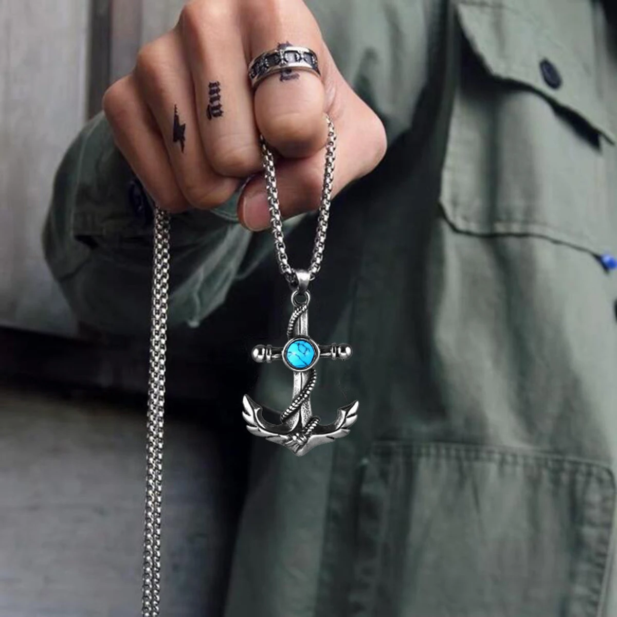 Men's Vintage Turquoise Anchor Biker Necklace Stainless Steel