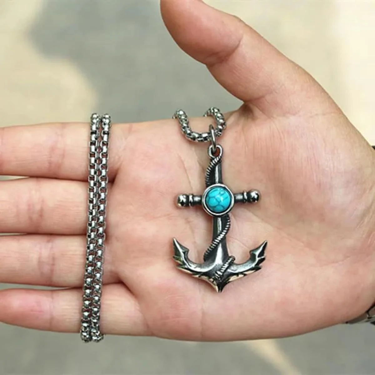 Men's Vintage Turquoise Anchor Biker Necklace Stainless Steel