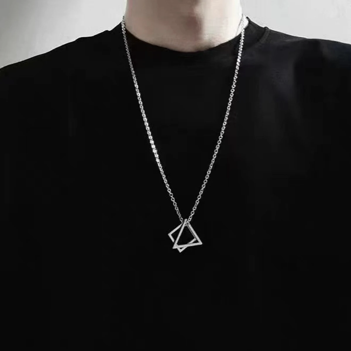 Square Triangle Male for Men Stainless Steel Modern Trendy Geometric Stacking Streetwear Necklace