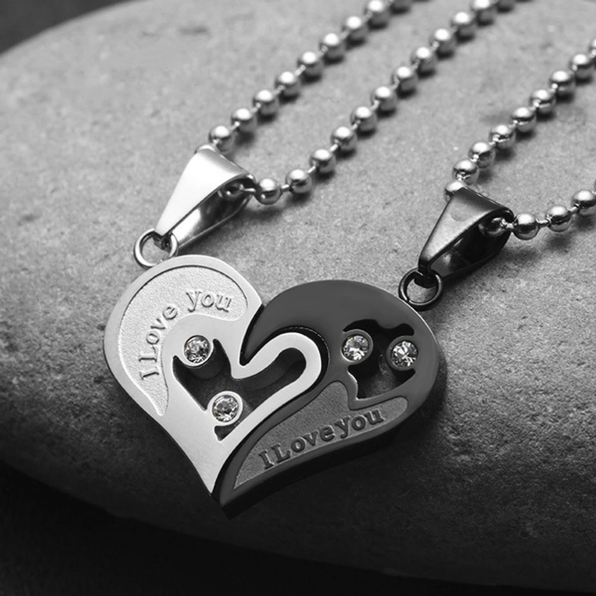 2Pcs/Set I Love You Rhinestone Inlaid Matching Heart Locket Couple Necklace