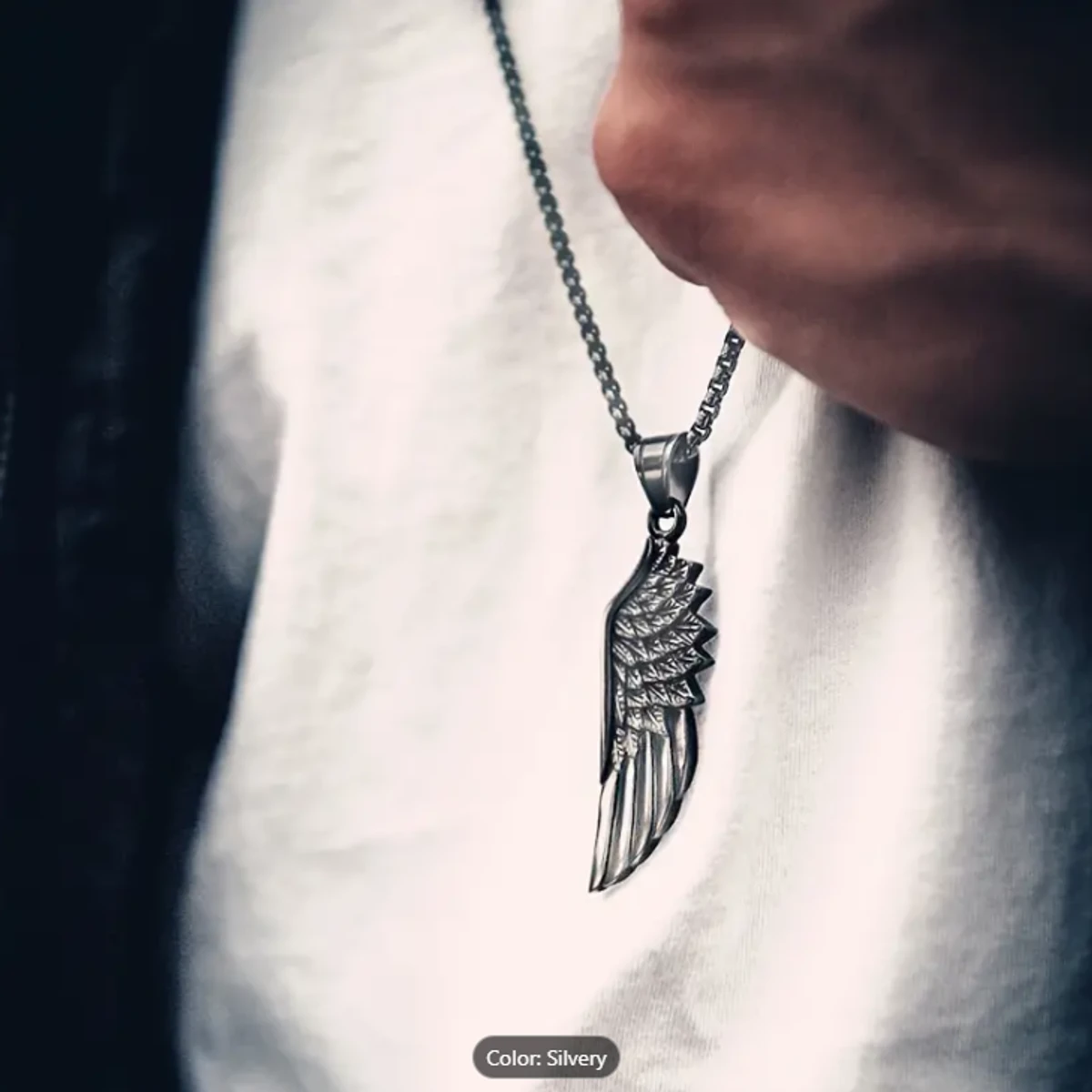 Men's Stainless Steel Angel Wing Feather Necklace on Long Chain Locket