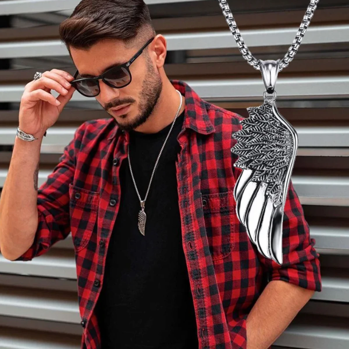 Men's Stainless Steel Angel Wing Feather Necklace on Long Chain Locket