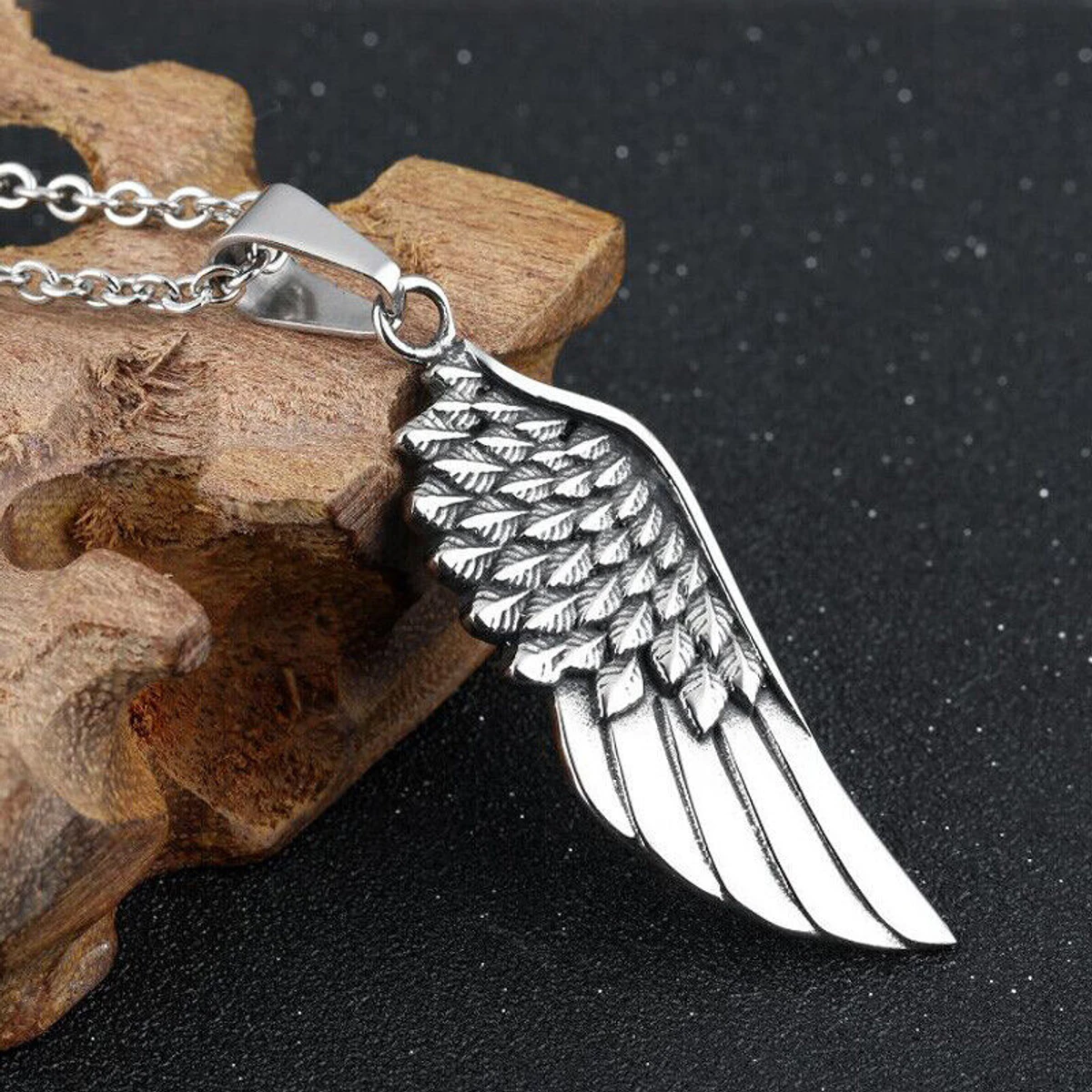 Men's Stainless Steel Angel Wing Feather Necklace on Long Chain Locket