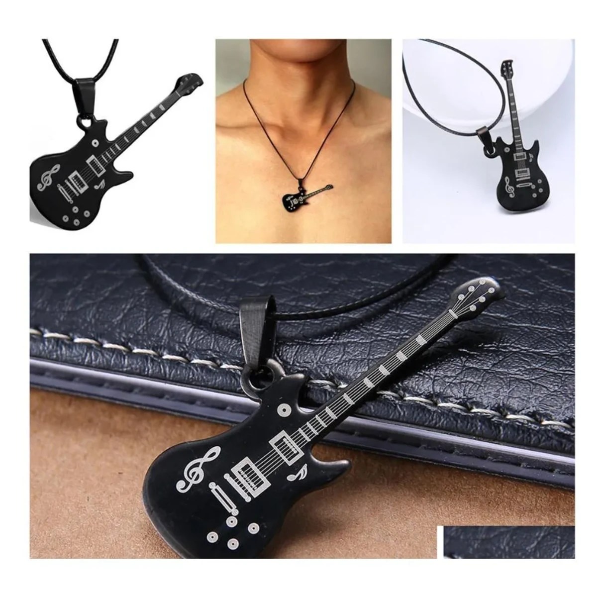 Stainless Steel Guitar Necklace For Men Leather Chain Locket For Women