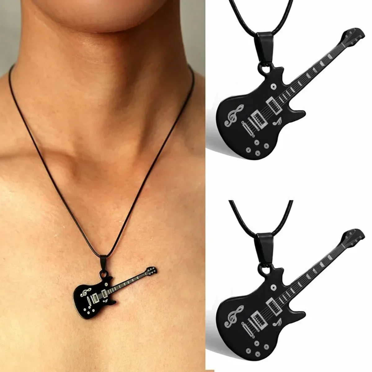 Stainless Steel Guitar Necklace For Men Leather Chain Locket For Women