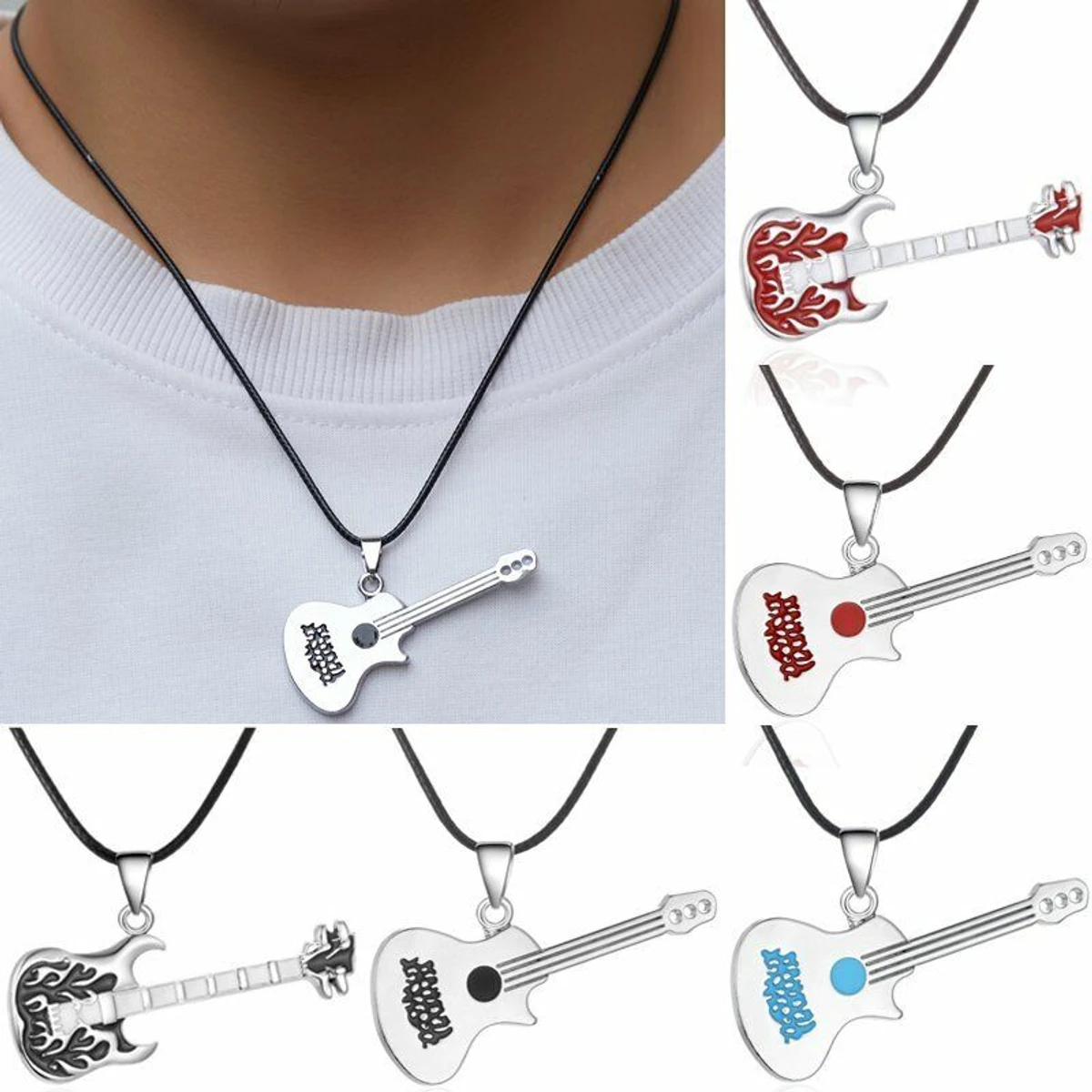 Stainless Steel Guitar Necklace For Men Leather Chain Locket For Women