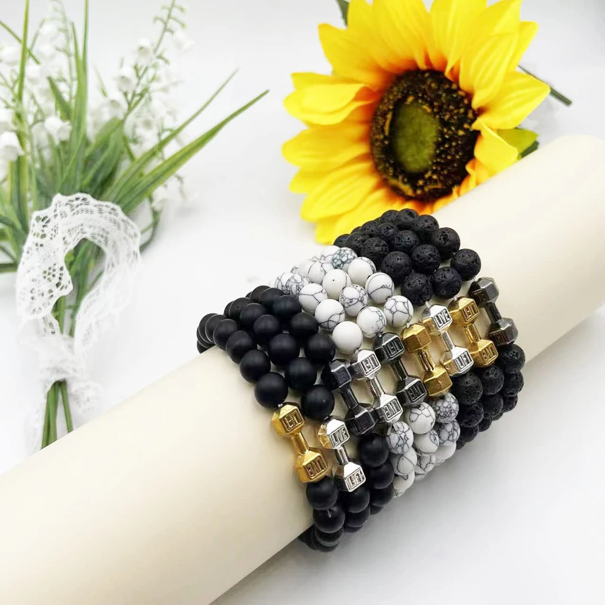 Dumbbell Beaded Bracelets for Men Lava Stone Bracelet