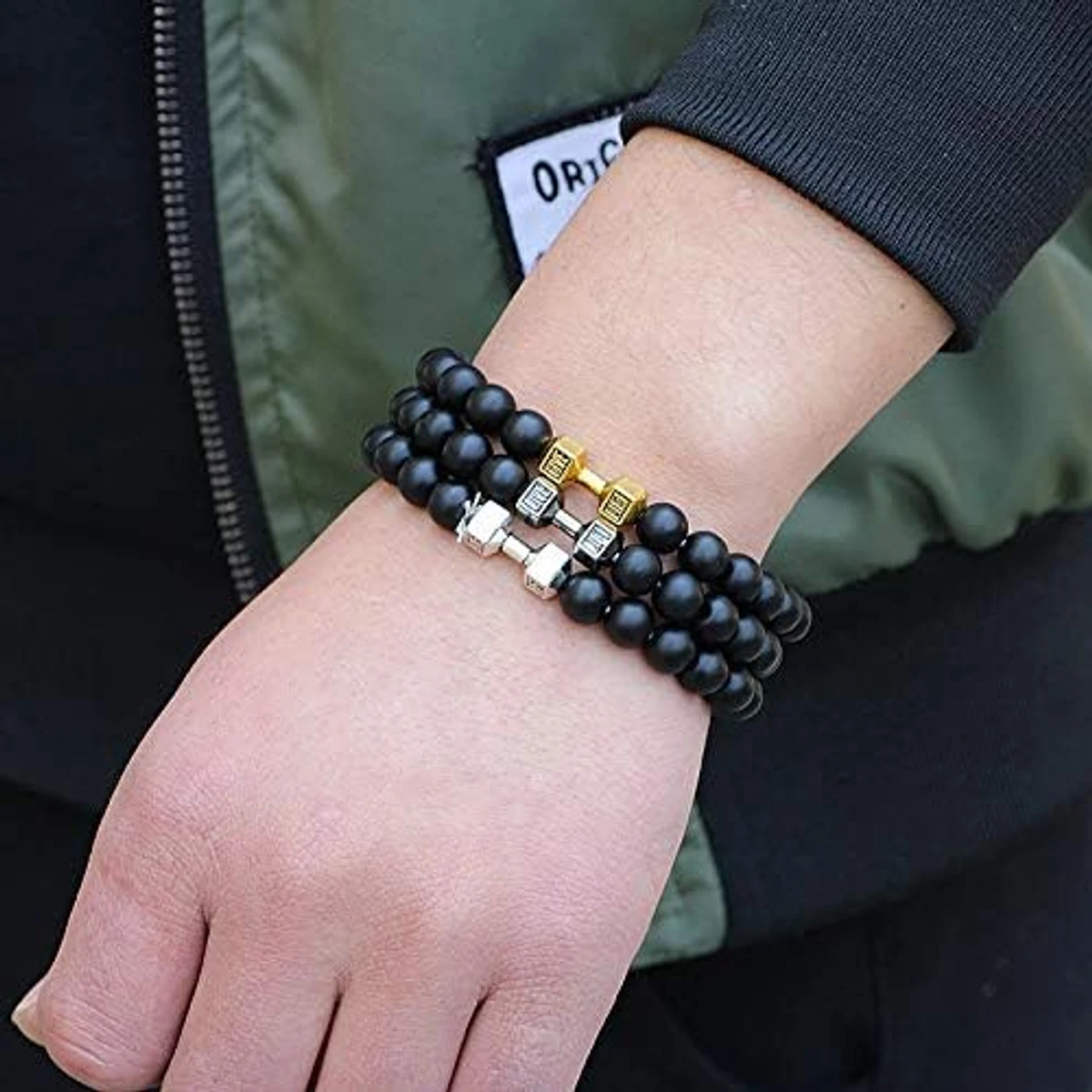 Dumbbell Beaded Bracelets for Men Lava Stone Bracelet